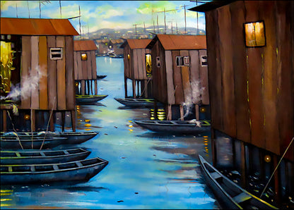 Waterfront Village Canal — African Stilt House Wall Art Canvas