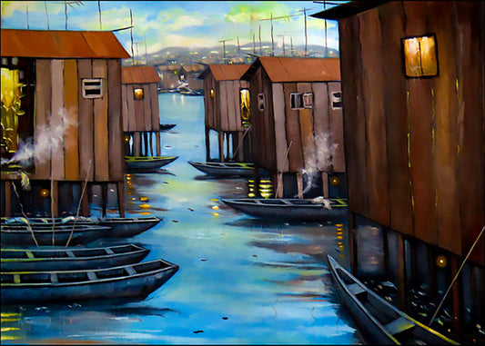 Waterfront Village Canal — African Stilt House Wall Art Canvas