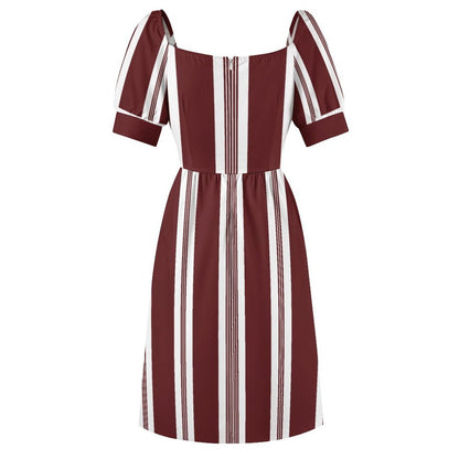 Striped Fit & Flare V-Neck Dress — Burgundy & White