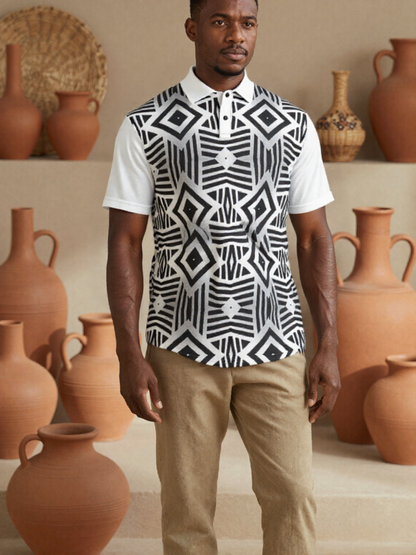 Bogolan Print Men's Polo Collar Jersey