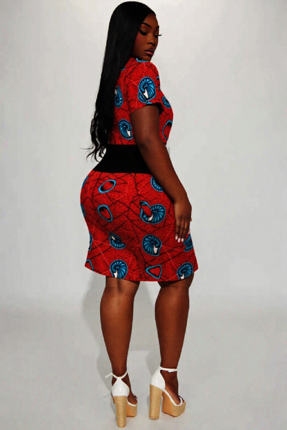 Red Ankara Heritage Plus Size V-Neck Dress – African Print Casual Short Sleeve Pocket Dress