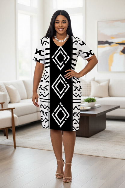 Black & White Bogolan Heritage Plus Size V-Neck Dress