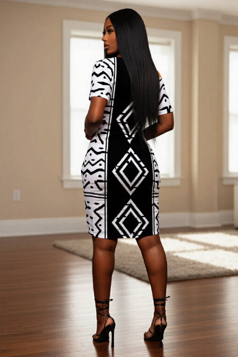 Black & White Bogolan Heritage Plus Size V-Neck Dress