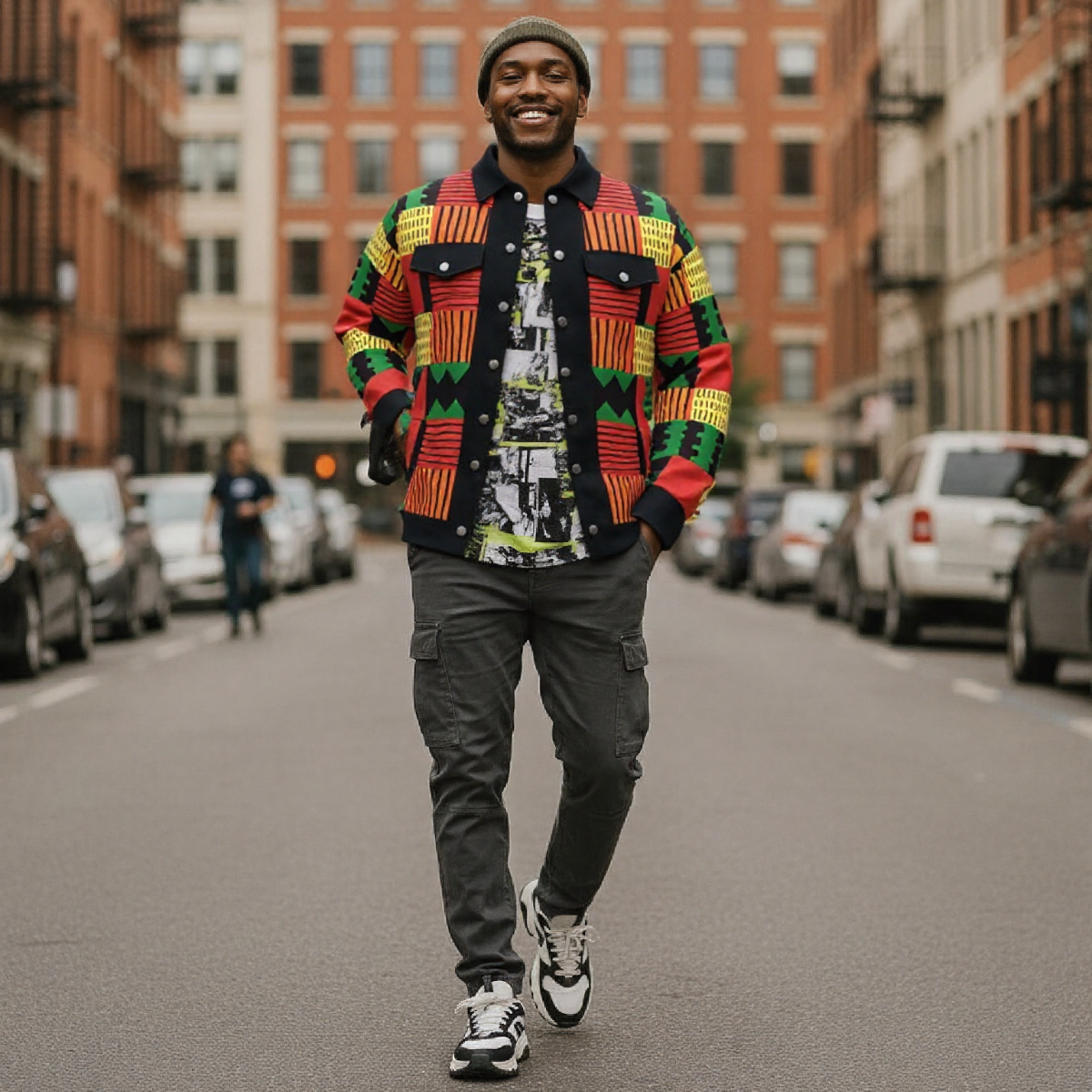 Colorful Kente Heritage Cotton Jacket for Men – African Print Button-Up Lapel Jacket