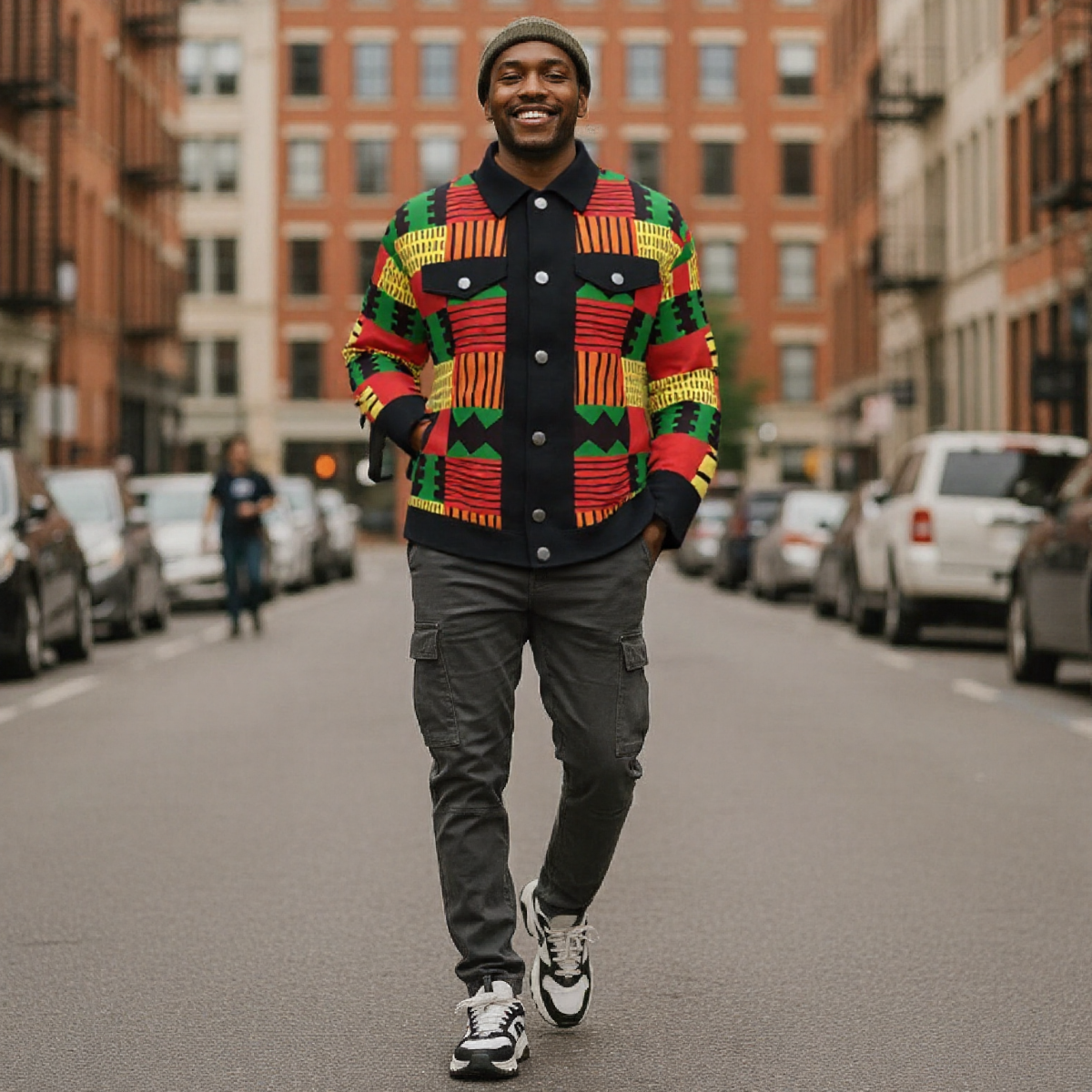 A man walking down a city street wearing a colorful geometric patterned button-up shirt, dark gray cargo pants, and white sneakers.
