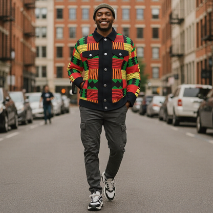 A man walking down a city street wearing a colorful geometric patterned button-up shirt, dark gray cargo pants, and white sneakers.
