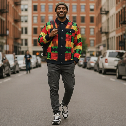 Colorful Kente Heritage Cotton Jacket for Men – African Print Button-Up Lapel Jacket