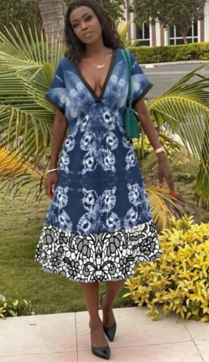 Shibori Tie-Dye Lace-Hem Flowy V-Neck Dress