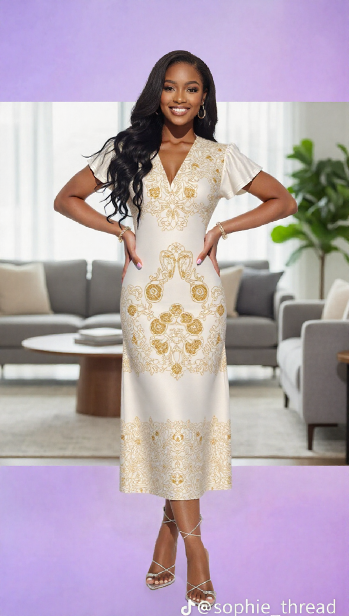 All-over Print Women's V-Neck Flutter Sleeve Midi Dress