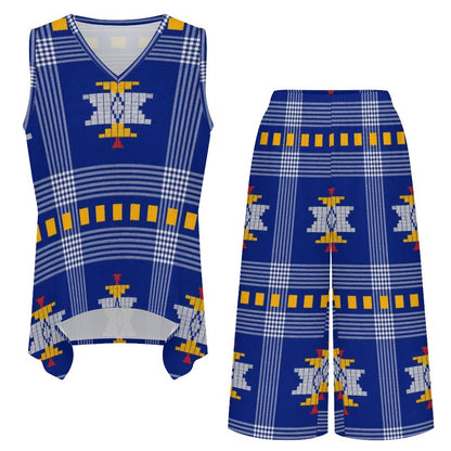 Tribal Print V-Neck Top & Wide Leg Pants Set — Royal Blue