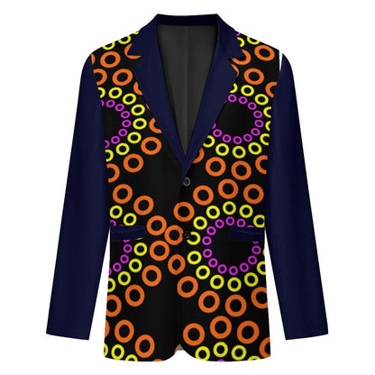 A men's blazer with a bold black base covered in a pattern of orange, yellow, and purple circular ring motifs, contrasted by solid navy blue sleeves and lapels.