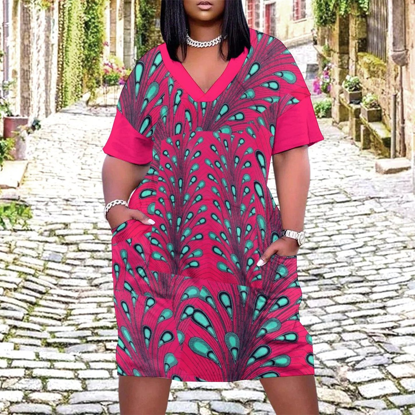 Ankara Peacock Print V-Neck Baggy Dress | Pink & Teal Oversized Midi with Pockets