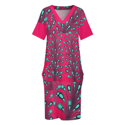 Ankara Peacock Print V-Neck Baggy Dress | Pink & Teal Oversized Midi with Pockets
