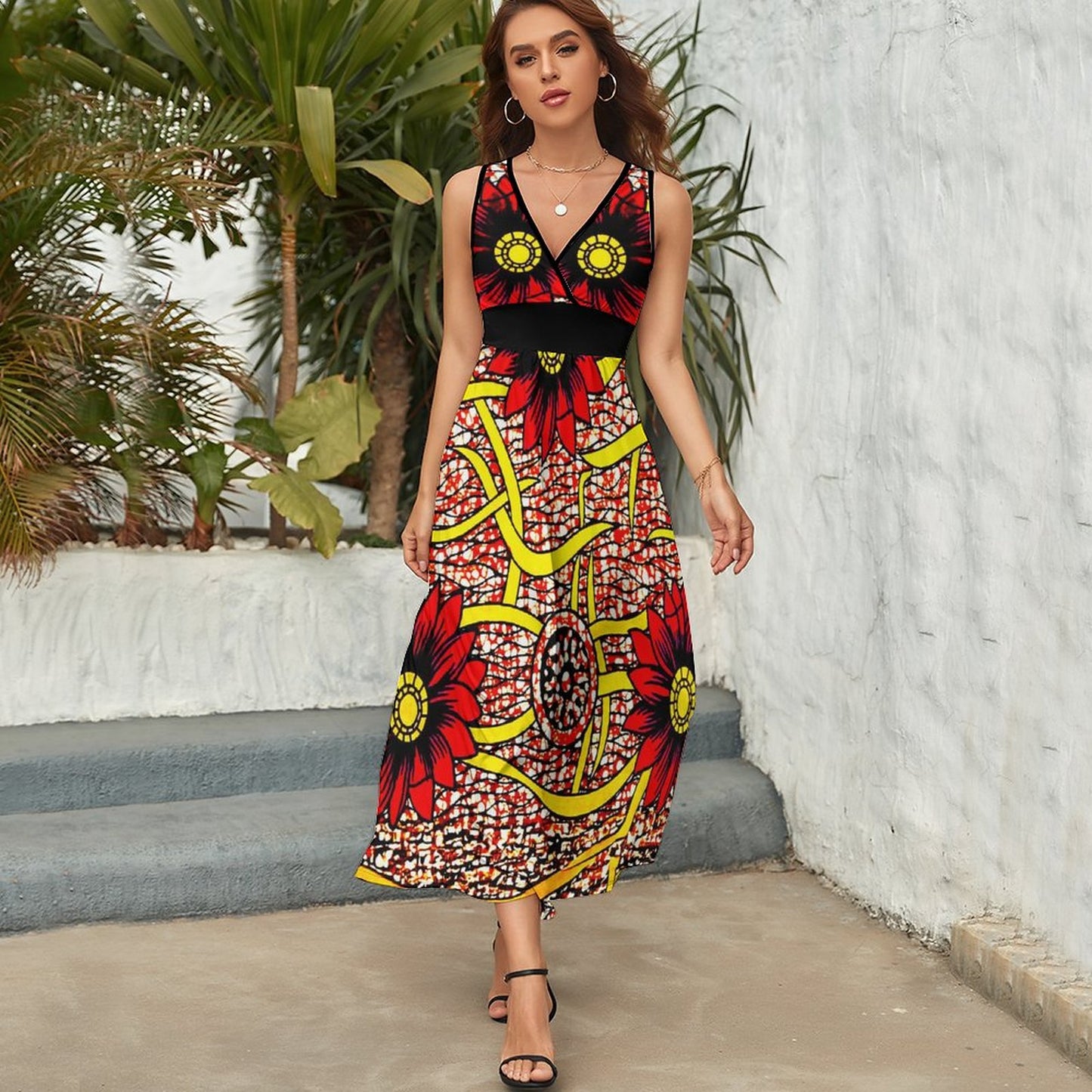 V Neck Sleeveless Ankara Dress