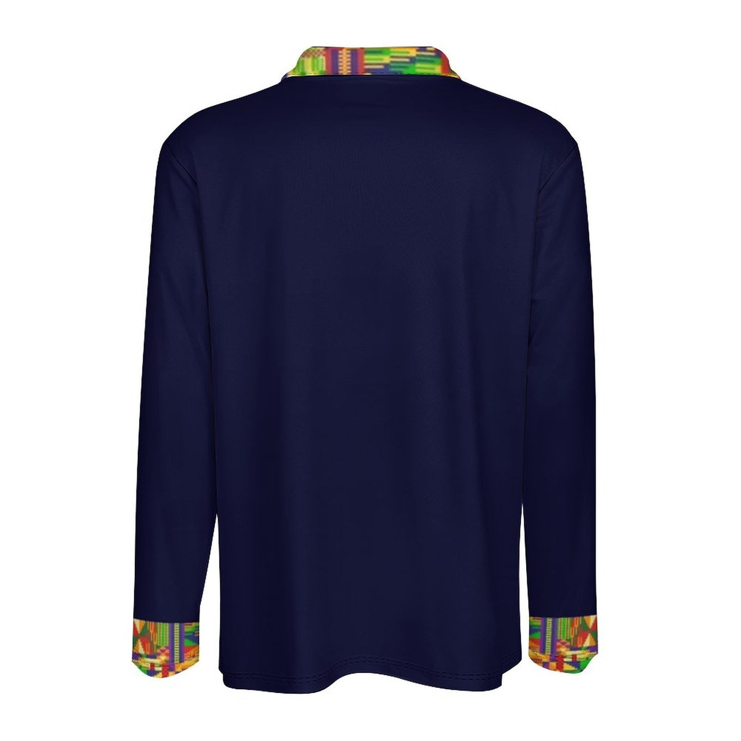 A navy blue long-sleeve shirt shown from the back, featuring a vibrant multicolor patterned collar and cuffs.