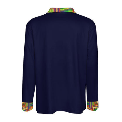 A navy blue long-sleeve shirt shown from the back, featuring a vibrant multicolor patterned collar and cuffs.