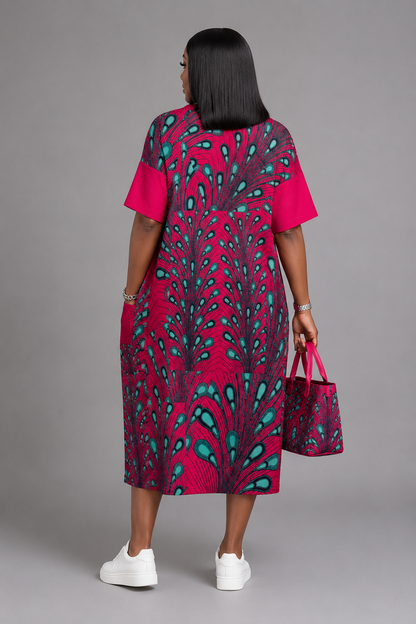 Ankara Peacock Print V-Neck Baggy Dress — Plus Size