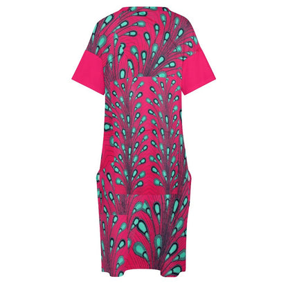 Ankara Peacock Print V-Neck Baggy Dress | Pink & Teal Oversized Midi with Pockets