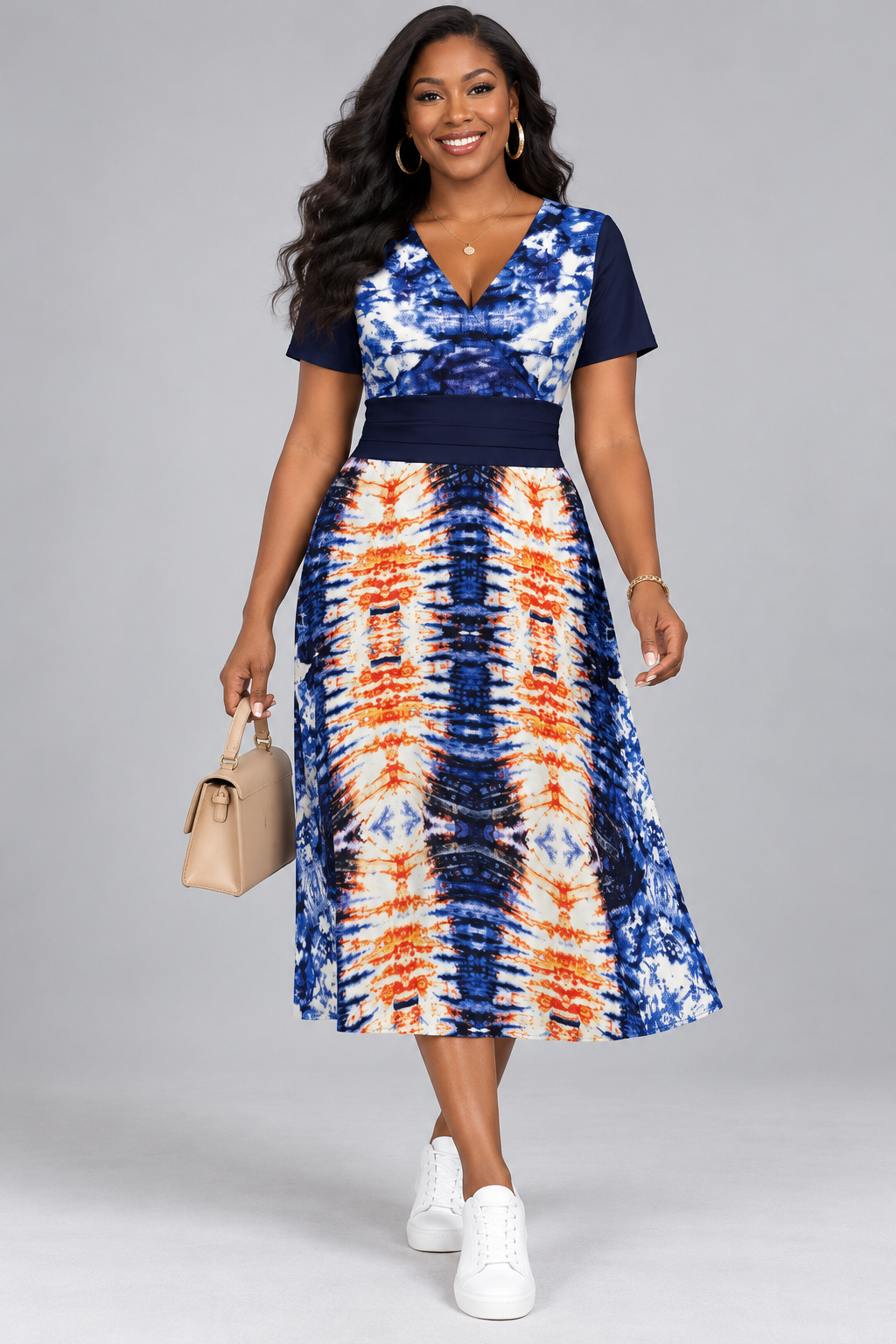 Tie-Dye Print Midi Flared Dress — Contrast Waistband V-Neck