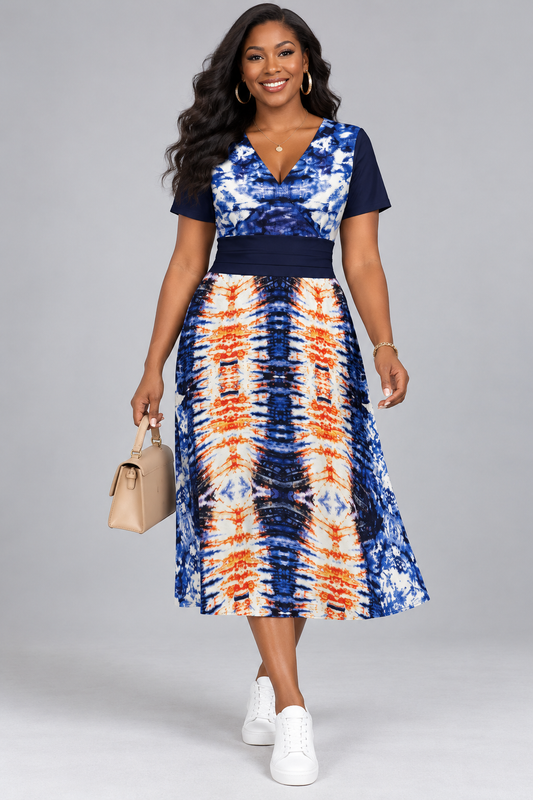 Tie-Dye Print Midi Flared Dress — Contrast Waistband V-Neck