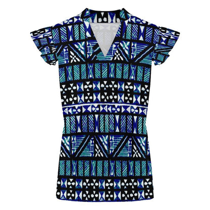 A women's short-sleeve V-neck scrub top featuring a bold geometric tribal pattern in blue, teal, black, and white, displayed on a clean white background.