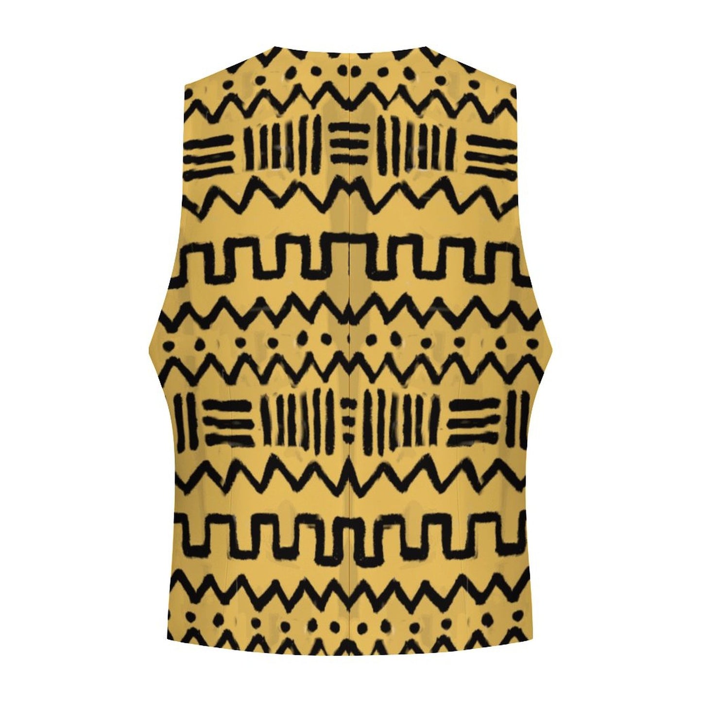 A sleeveless yellow top with a black hand-drawn geometric pattern, shown against a plain white background.
