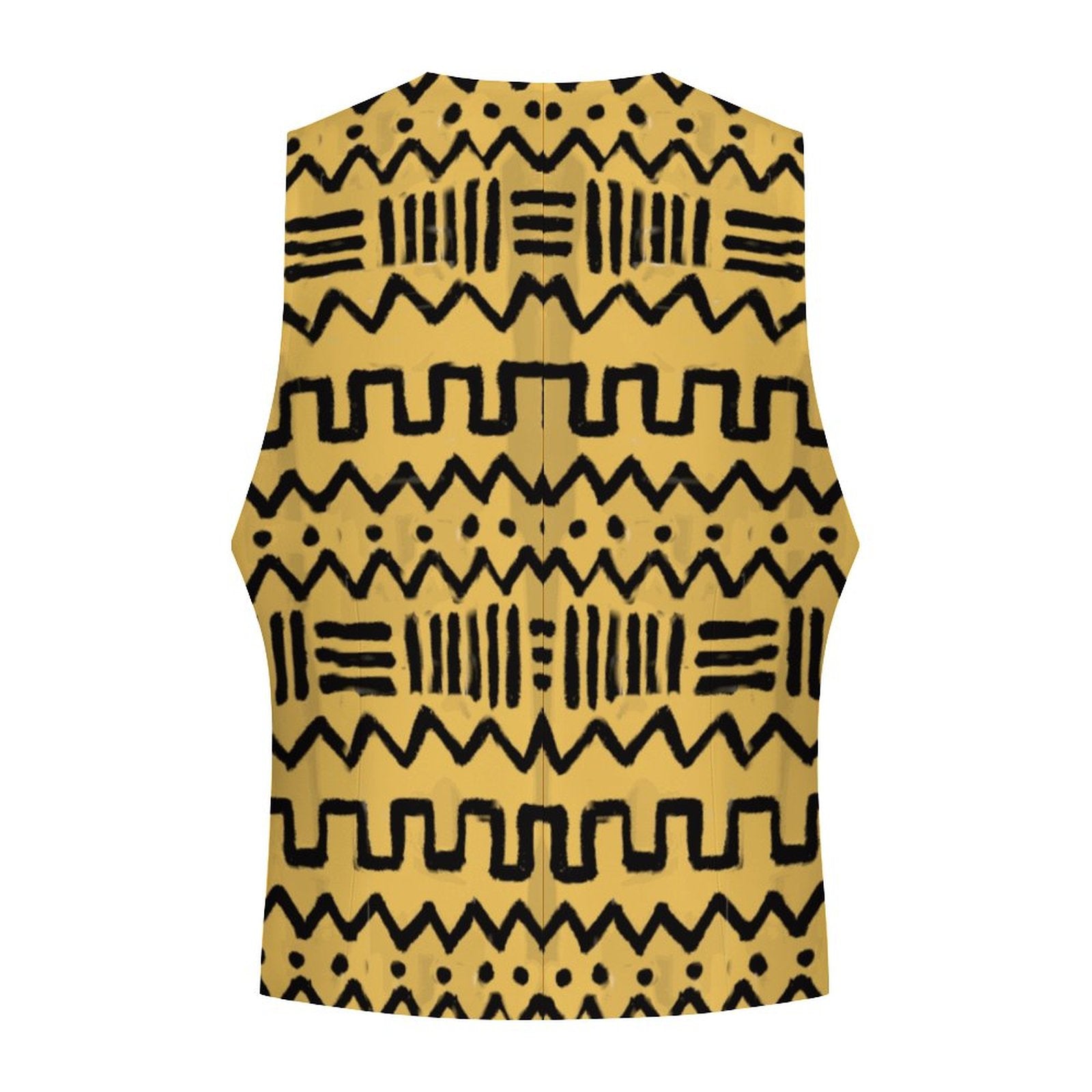 A sleeveless yellow top with a black hand-drawn geometric pattern, shown against a plain white background.