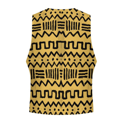 A sleeveless yellow top with a black hand-drawn geometric pattern, shown against a plain white background.