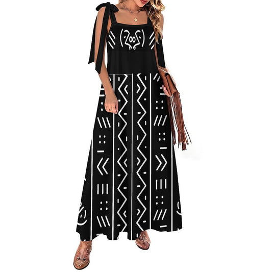 Mudcloth Print Tie-Strap Maxi Dress — Square Neck