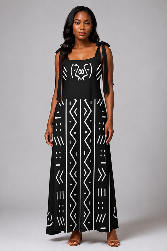 Mudcloth Print Tie-Strap Maxi Dress — Square Neck