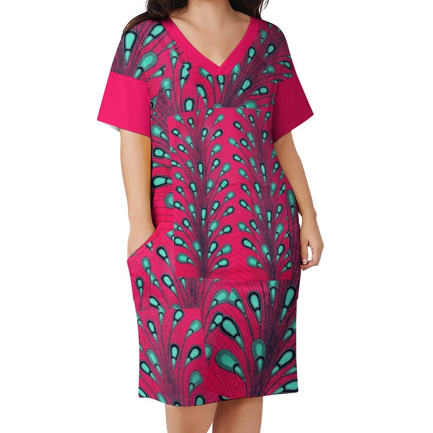 Ankara Peacock Print V-Neck Baggy Dress | Pink & Teal Oversized Midi with Pockets