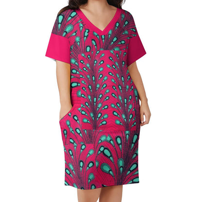 Ankara Peacock Print V-Neck Baggy Dress | Pink & Teal Oversized Midi with Pockets