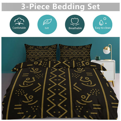 3-Piece Bedding Set — Bogolan Gold Symbol Print — Dual-Sided Printing — 105gsm Brushed Fabric
