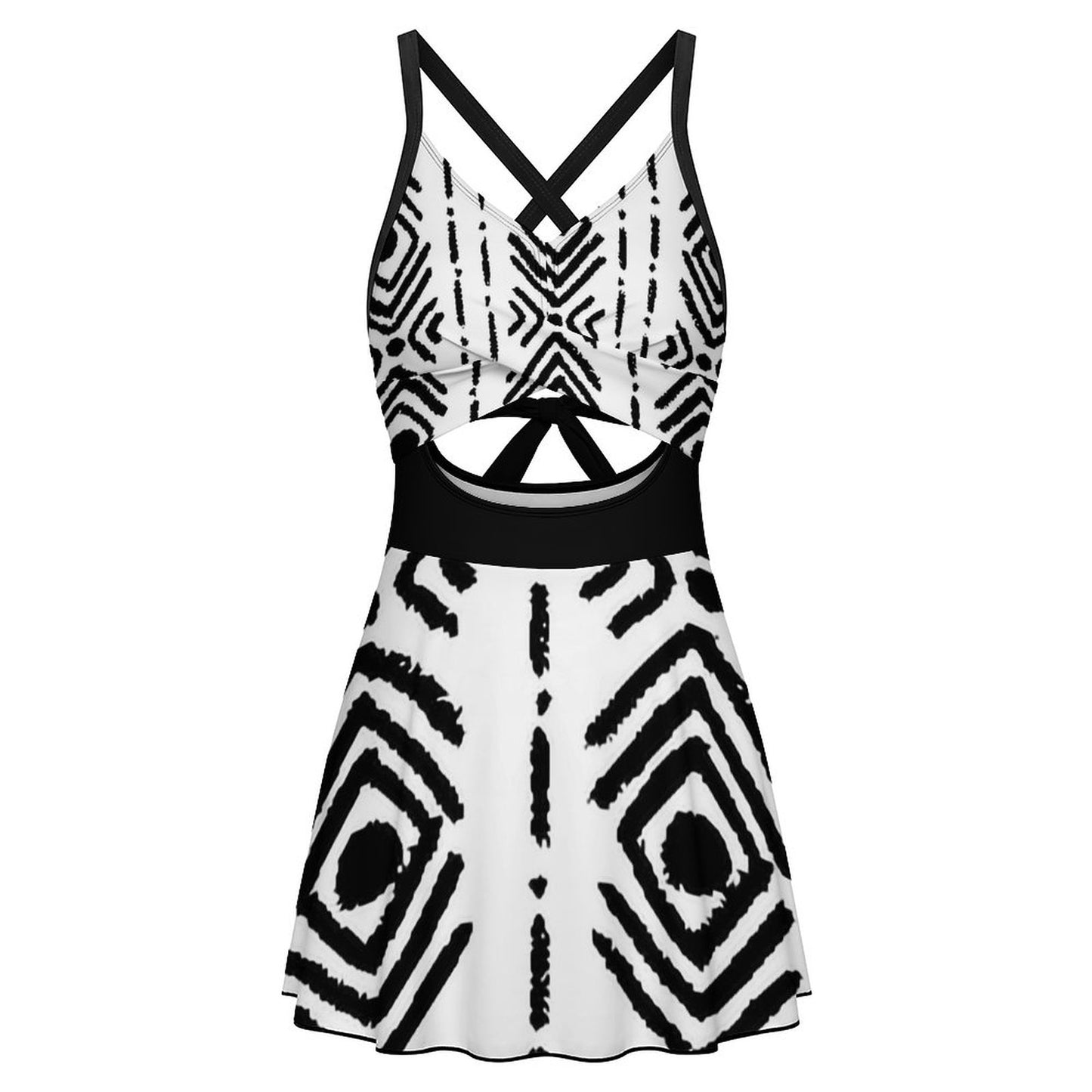 Bogolan Print One-Piece Swimsuit | Black & White V-Neck Tummy Control Swimwear