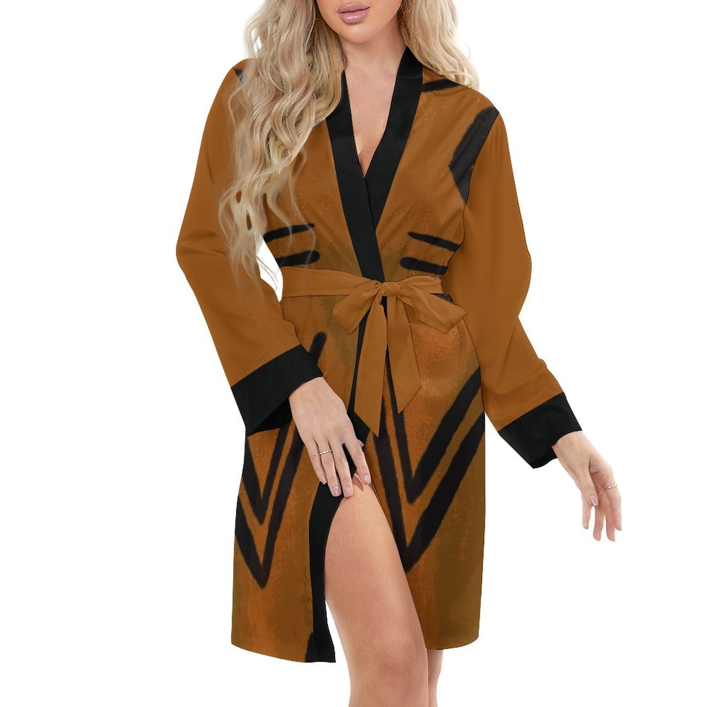Bogolan Ascent Kimono Robe | Terracotta & Black Long Sleeve Belted Nightdress