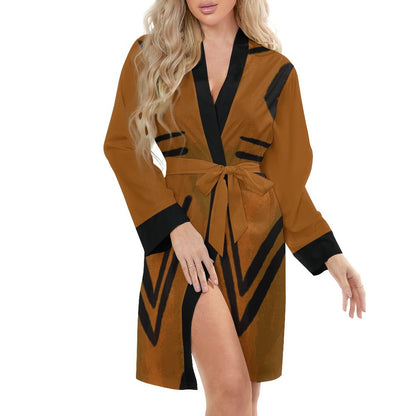 Bogolan Ascent Kimono Robe | Terracotta & Black Long Sleeve Belted Nightdress