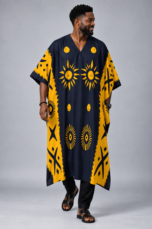 Men's African Print Kaftan, Mudcloth-Inspired Sunburst Design, Navy & Mustard