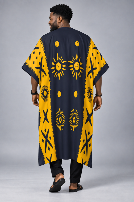 Men's African Print Kaftan, Mudcloth-Inspired Sunburst Design, Navy & Mustard