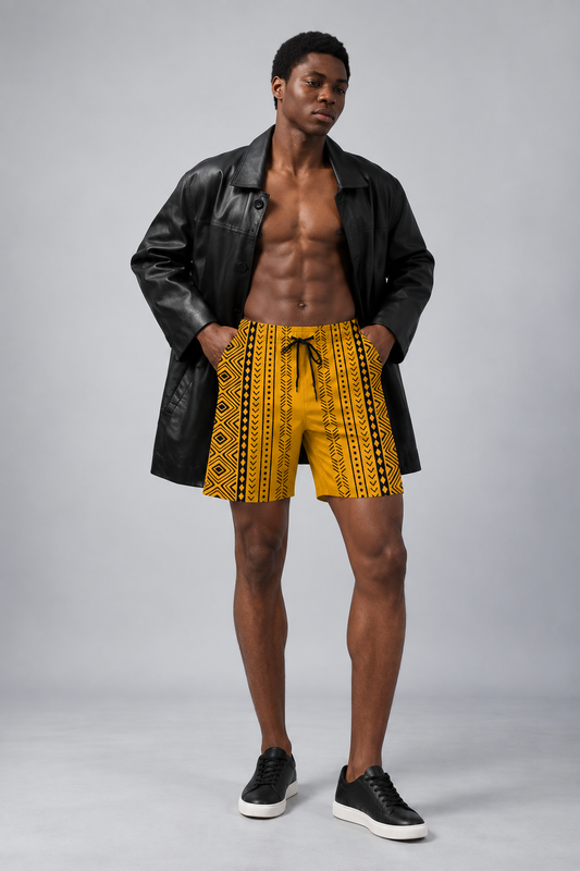 Men's Cotton Beach Shorts — Mudcloth Print, Gold & Black