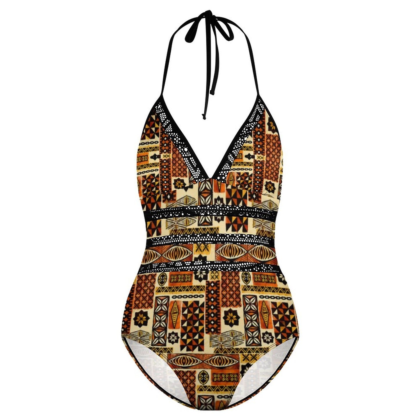 Royal Kente Halter One-Piece Swimsuit – African Print V-Neck Women's Swimwear