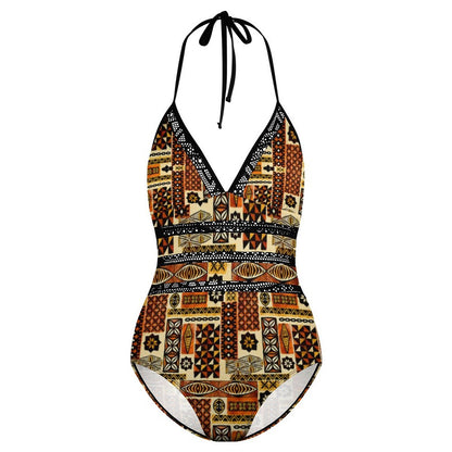 Royal Kente Halter One-Piece Swimsuit – African Print V-Neck Women's Swimwear