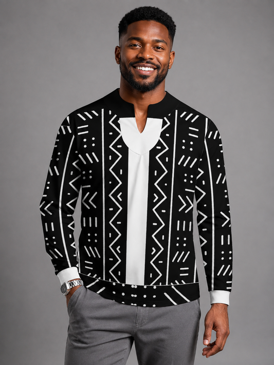 Mudcloth Print Long Sleeve Notch Neck Top — Men's Ice Silk