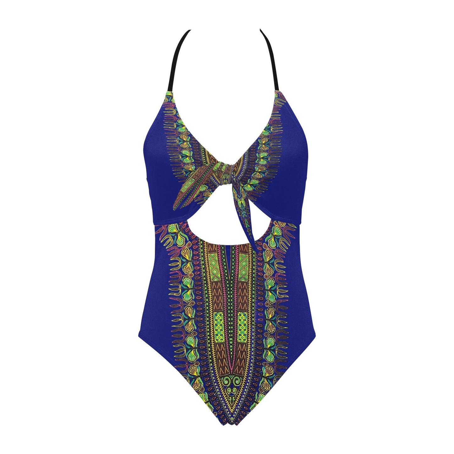 A one-piece swimsuit with a royal blue base and a vibrant, multicolored African dashiki print featuring green, yellow, orange, and brown geometric patterns. It has thin black shoulder straps and a crossover front design.