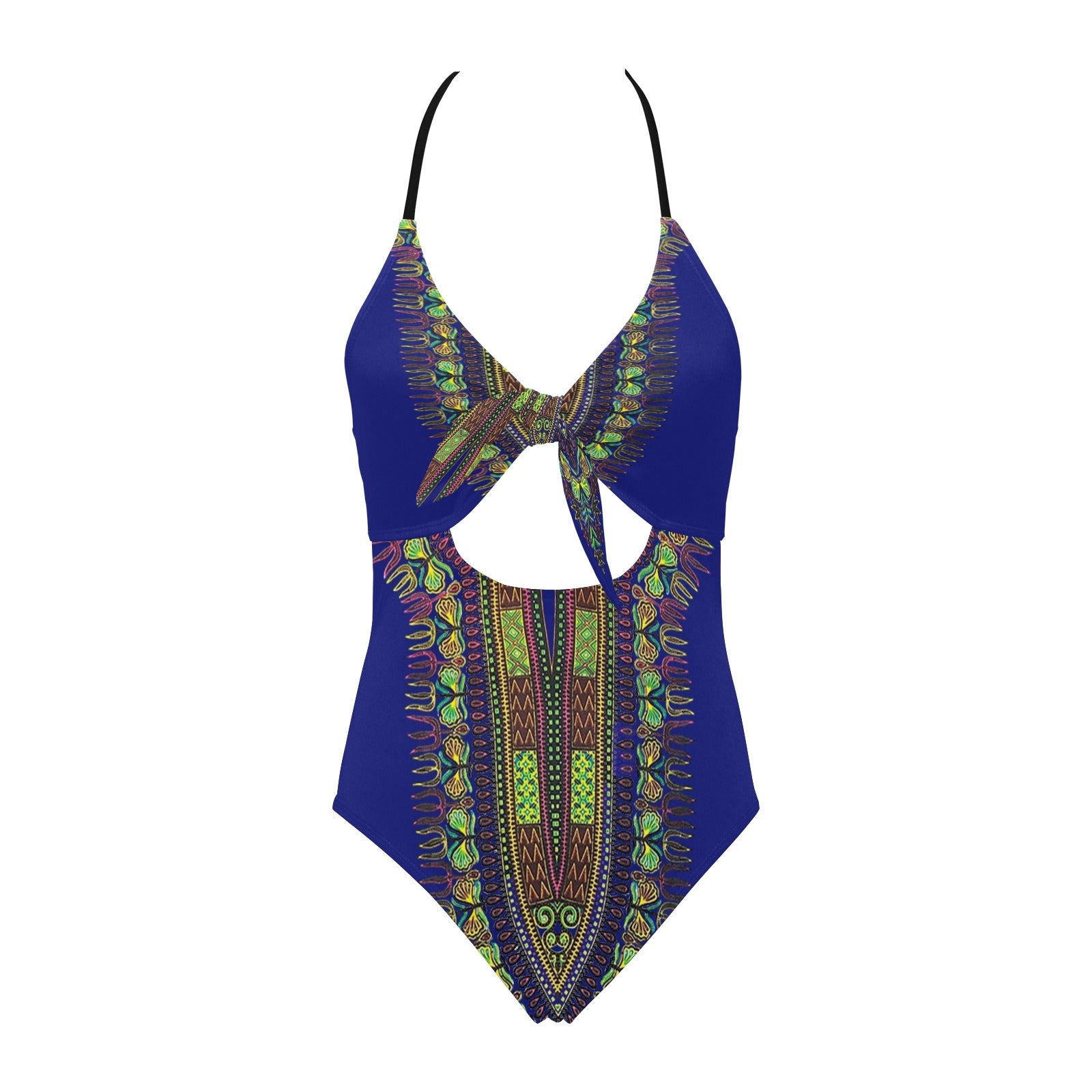 A one-piece swimsuit with a royal blue base and a vibrant, multicolored African dashiki print featuring green, yellow, orange, and brown geometric patterns. It has thin black shoulder straps and a crossover front design.