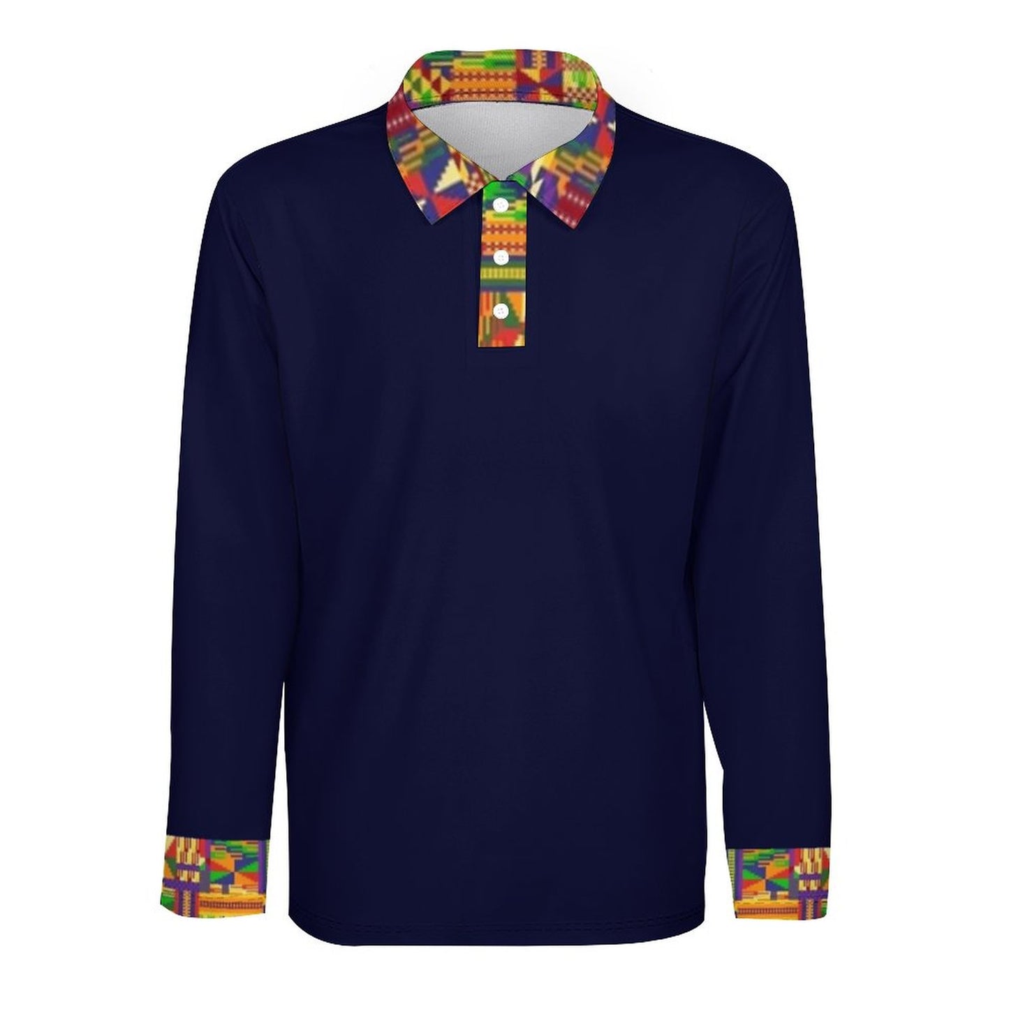 A long-sleeve polo shirt in navy blue, featuring a vibrant multicolor African Kente pattern on the collar, placket, and cuffs.