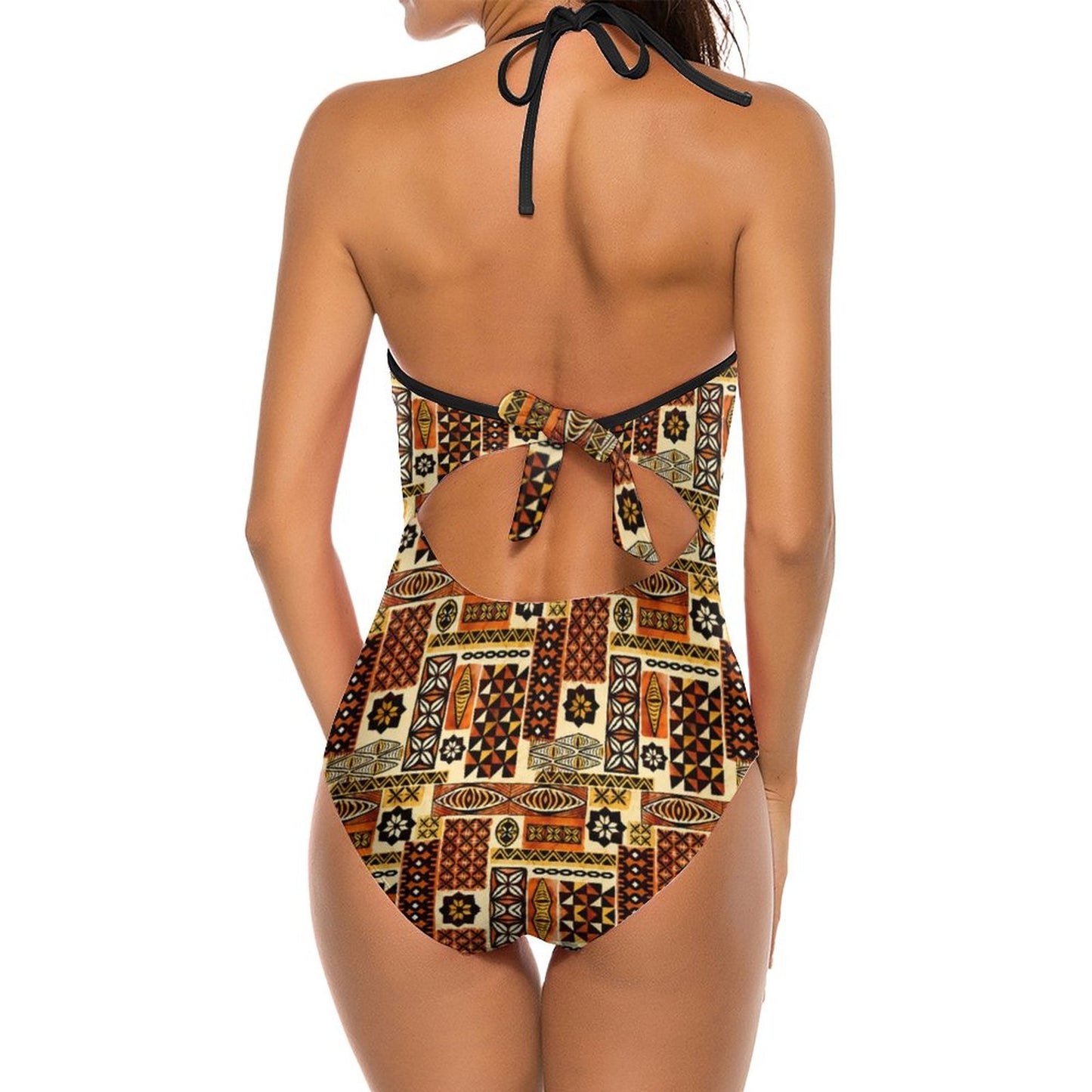 Royal Kente Halter One-Piece Swimsuit – African Print V-Neck Women's Swimwear