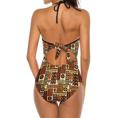Royal Kente Halter One-Piece Swimsuit – African Print V-Neck Women's Swimwear