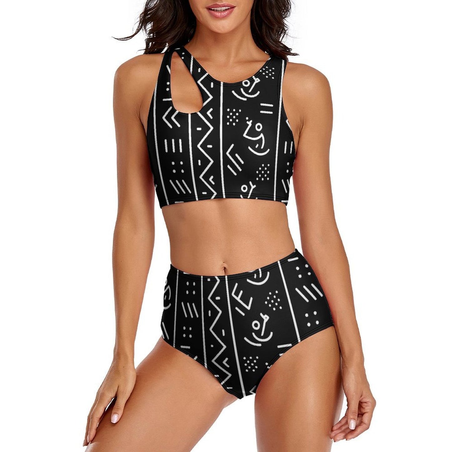 Mudcloth-Inspired Cutout High-Waist Bikini Set