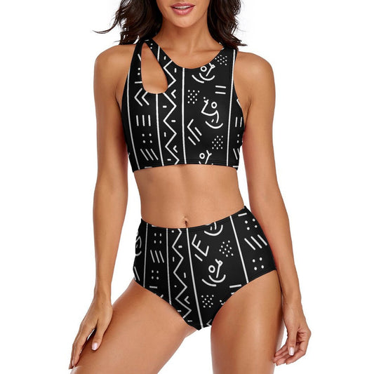 Mudcloth-Inspired Cutout High-Waist Bikini Set