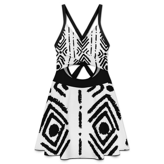 Bogolan Mudcloth Print V-Neck Cutout Skater Swim Dress — Tummy Control One Piece